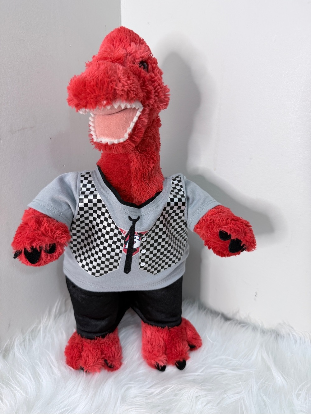 Build-a-Bear Red Plush Dinosaur Toy with Checkered Vest - 16”